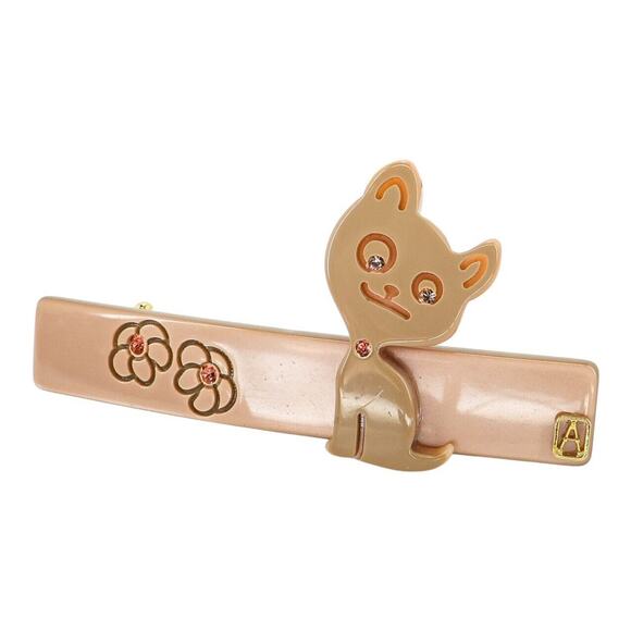 Vintage Alexander De Paris Hair Clip Barrette Rose Beige Lucite Cat With Tag - Picture 1 of 8